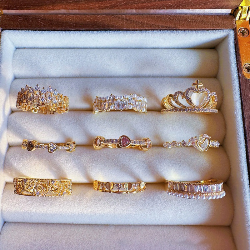 中古爱心锆石叠戴珍珠戒指女不掉色小众高级轻奢个性百搭新品