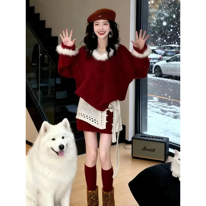 超火穿搭一整套冬季韩系设计感显瘦减龄红色针织毛衣半身裙两件套