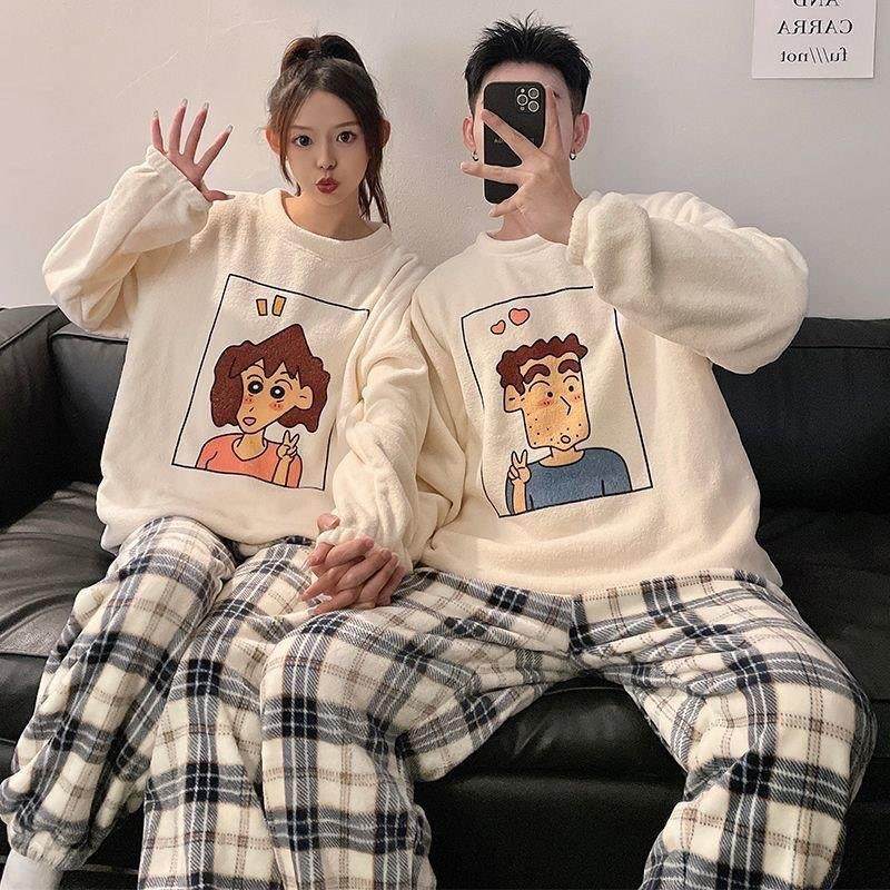 珊瑚绒睡衣冬季情侣加绒加厚女大码休闲宽松法兰绒家居服男士套装