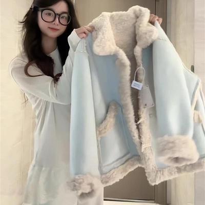 蓝色羊羔毛麂皮外套女秋冬季巨好看冬装加绒厚棉袄韩系穿搭初冬天