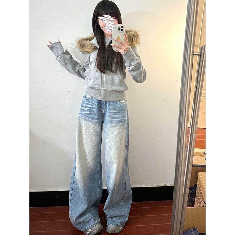 水洗蓝美式阔腿牛仔裤女2025早春秋季新款高腰宽松直筒拖地裤子潮,女装/女士精品,牛仔裤,淘宝优惠券,粉丝福利购,淘宝优惠卷