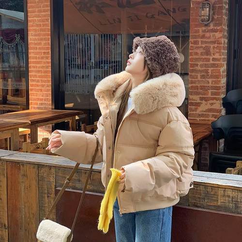 羽绒棉服女复古设计感大毛领学生连帽外套女冬季加厚宽松棉衣棉袄