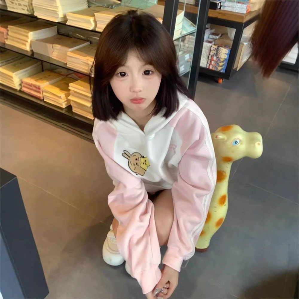 美式高街刺绣乌萨奇小八薄款卫衣女春秋宽松设计感小众慵懒风外套