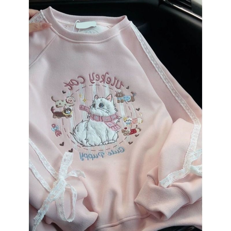 加绒加厚粉色蕾丝卡通猫咪卫衣女秋冬季重工刺绣无帽圆领长袖上衣