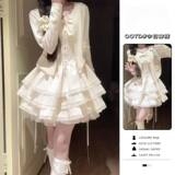 小个子穿搭夏季纯欲高级感吊带蛋糕连衣裙+杏色开衫防晒两件套