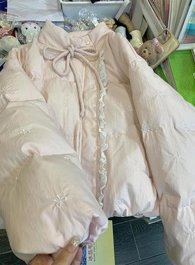 刺绣蝴蝶结绑带立领棉服外套女冬小香风拼接蕾丝超甜美保暖面包服