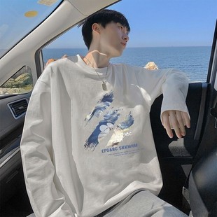 上衣 100%纯棉重磅t恤男潮流宽松百搭帅气港风长袖 2025春秋季 新款