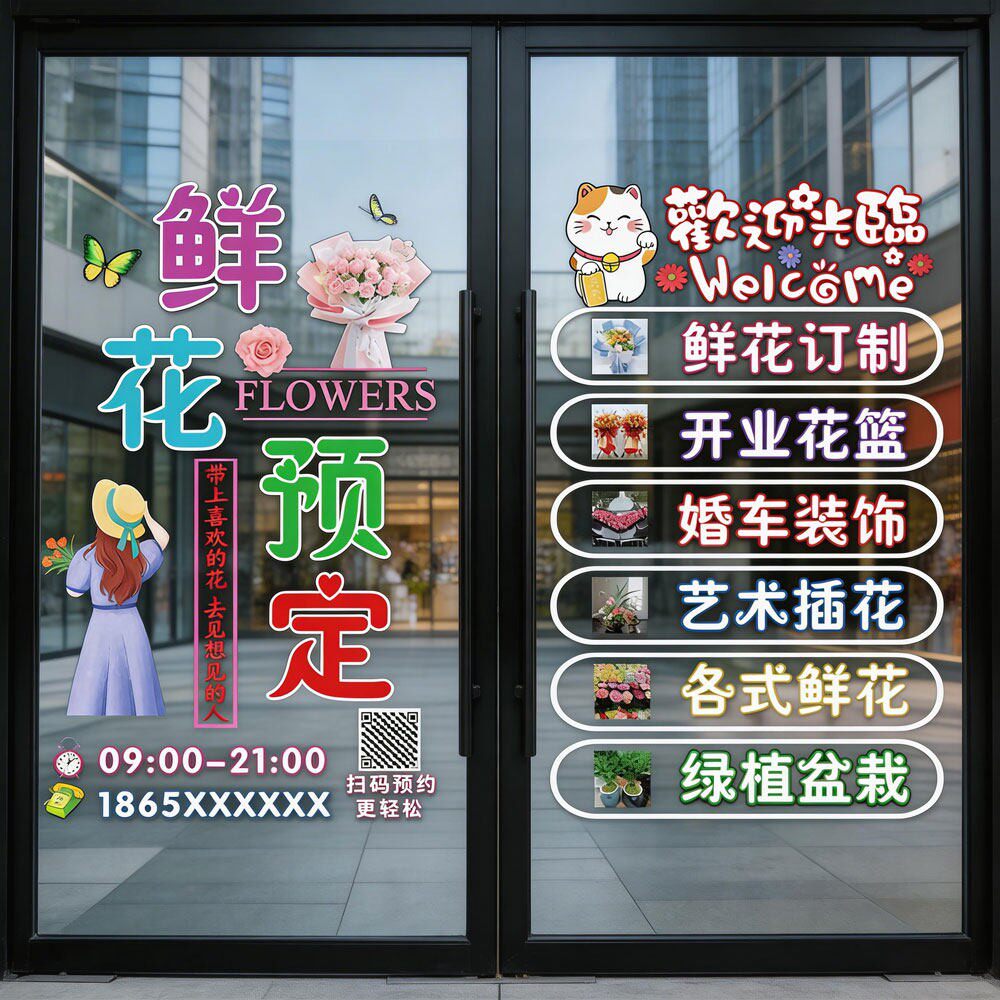 鲜花店玻璃贴纸防水装饰墙贴鲜花定制盆栽门贴商业美陈布置贴画