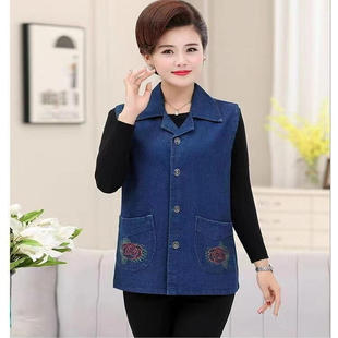 马夹背心 宽松新款 妈妈牛仔马甲女春秋外套中老年加肥大码 坎肩无袖