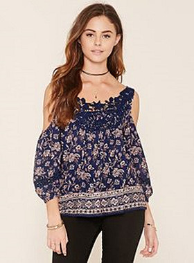 F21正品A-16-2-1-1清凉蕾丝露肩印花夏女衬衫235356