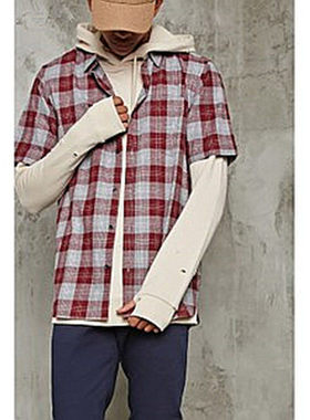 F21系列专柜正品英伦格子翻领短袖磨毛柔软春秋男衬衫215422