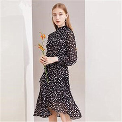 拉系列专柜正品透视高领碎花蝴蝶结长袖雪纺春秋夏连衣裙10024042