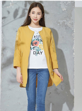 包邮艾格伊品专柜正品圆领镂空棉质中长款春秋风衣外套 8E0234006