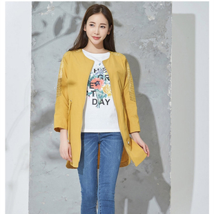 春秋风衣外套 圆领镂空棉质中长款 艾格伊品专柜正品 8E0234006 包邮