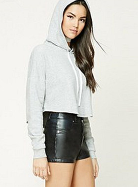 F21系列专柜正品休闲纯色连帽内加绒厚短款卫衣女春秋冬 190014