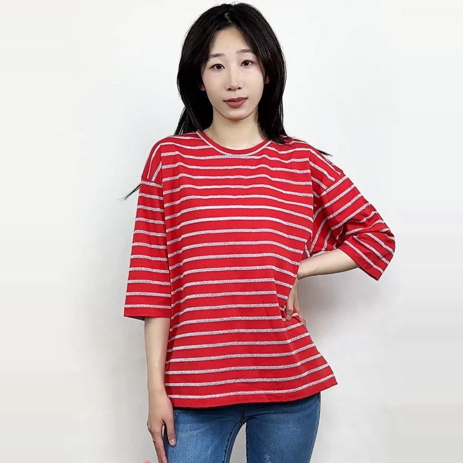 包邮拉系列专柜正品休闲条纹oversize圆领短袖棉质T恤女 82423129
