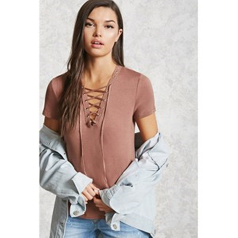 F21正品A-16-3-1-1绑带V领短袖女宽松冰感T恤226546