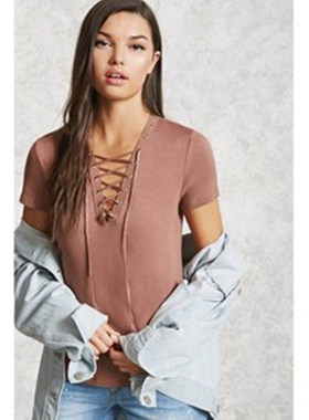 F21正品A-16-3-1-1绑带V领短袖女宽松冰感T恤226546