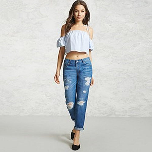 F21专柜正品休闲高腰破洞显瘦长裤牛仔裤女春秋058254