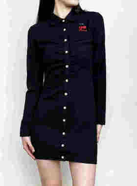 cache专柜正品休闲知性翻领长袖华夫格春秋衬衫连衣裙22508030001