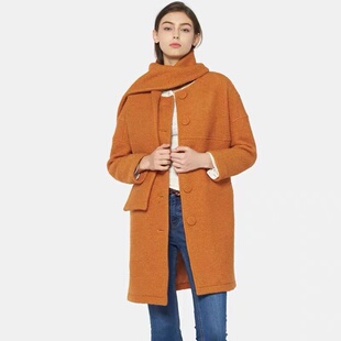 艾格伊品专柜正品圆领宽松55%羊毛呢外套厚大衣女8A0134082送围巾