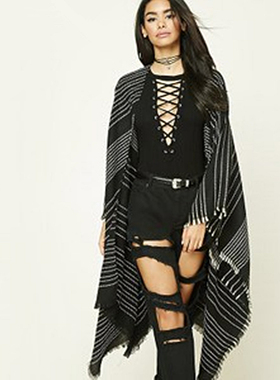 F21系列专柜正品B-7-2-3-3条纹流苏超大仿羊毛披肩春秋外套250202