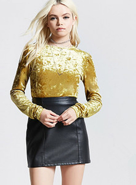 F21正品B-10-2-3-3纯色金丝绒圆领短款女T恤 223215