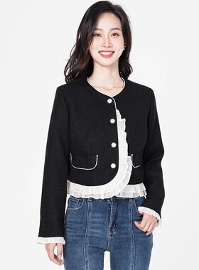 Mixblu麦斯兰专柜正品小香风花边圆领直筒短款外套女春秋BX824001