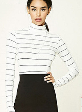 F21系列专柜正品B-2-13-3-3高领条纹修身针织T恤女250417