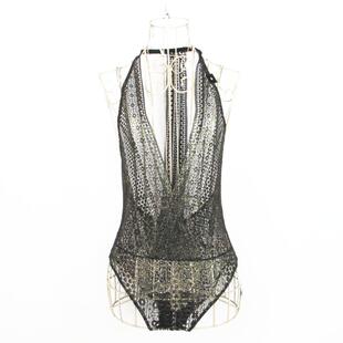 艾格淘特正品金属光泽挂脖露背开档摁扣透视连体睡衣夏 8A0767026