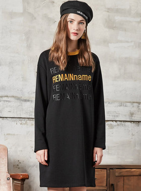 拉系专柜正品休闲百搭刺绣圆领长袖直筒连衣裙春秋冬2T000117