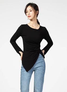 Mixblu麦斯兰专柜正品褶皱不对称圆领长袖修身T恤女春秋 BX302015