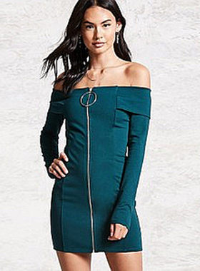 F21专柜正品性感纯色露肩一字肩长袖修身短裙连衣裙女春秋 143508