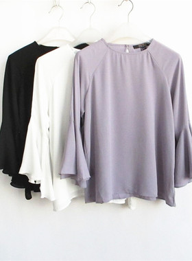 F21系列正品A-16-4-1-3圆领喇叭袖雪纺春夏女衬衫193489