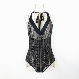 艾格伊品专柜正品性感透视深V领挂脖开档摁扣睡衣连体衣女1707680