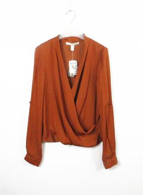 F21系列专柜正品可卷袖通勤V领长袖短款春秋衬衫女102526