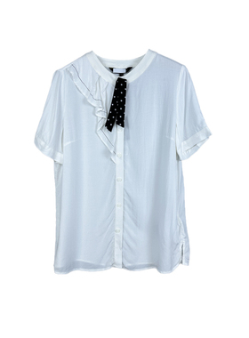 拉系列专柜正品淑女不对称荷叶边圆领短袖飘带白衬衫女夏1T001489