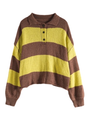 Mixblu麦斯兰专柜正品宽松慵懒风翻领宽条纹毛衣针织衫女BX161010