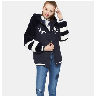 艾格淘特专柜正品毛呢拼接连帽毛绒中长款毛呢外套厚女 8A0321047