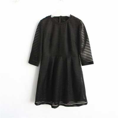 艾格伊品正品镂空七分袖条纹高腰小黑裙礼服连衣裙春秋 8E0122014