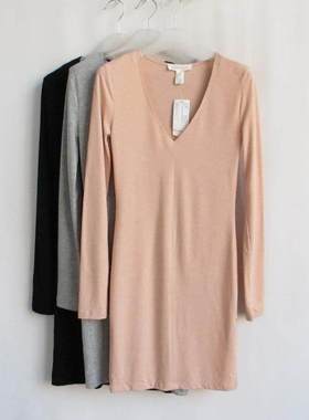 F21系列专柜正品百搭纯色V领长袖修身春秋打底裙短裙连衣裙165534