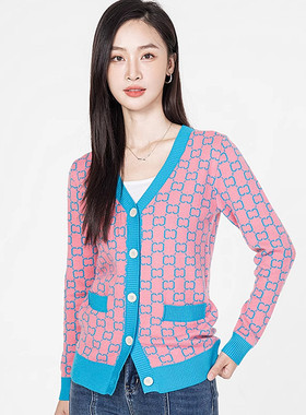 Mixblu麦斯兰专柜正品甜美V领修身格子针织开衫女春秋BX861001