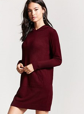 F21专柜正品休闲连帽中长款春秋冬直筒连衣裙针织衫毛衣女 133087