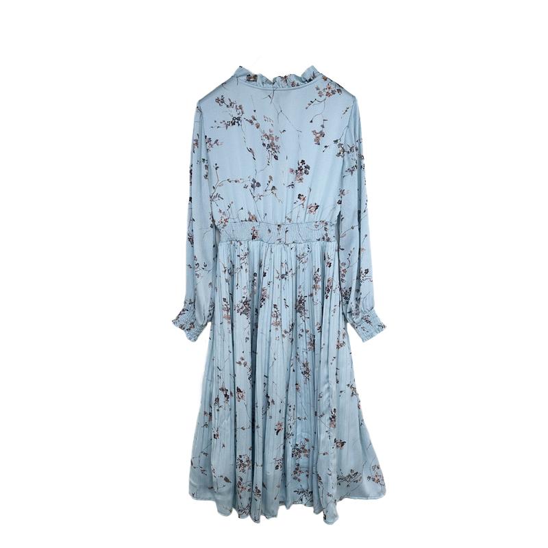 拉系专柜正品清新印花绑带蝴蝶结雪纺过膝长袖连衣裙春秋10022734