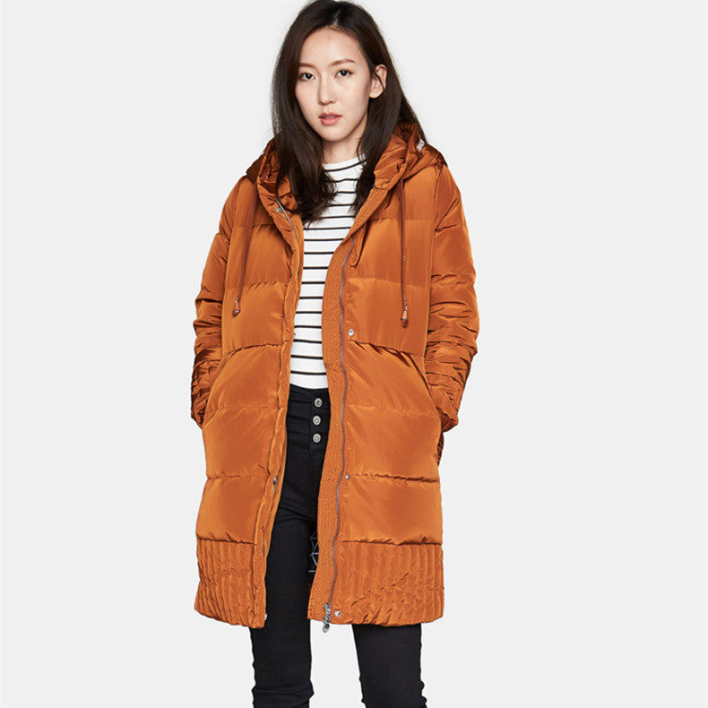 包邮艾格伊品正品休闲连帽中长款加厚秋冬外套羽绒服女 8A0235024