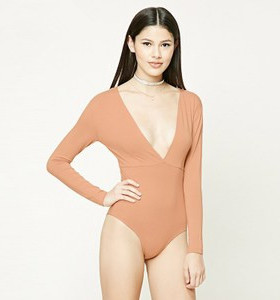 F21专柜正品纯色深V领长袖连档摁扣连体衣女208003