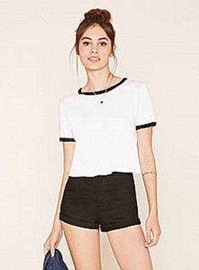 F21正品B-3-5-1-2中腰翻边棉质热裤牛仔短裤女221733