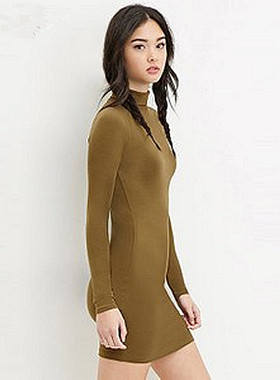 F21专柜正品纯色半高领修身长袖短裙连衣裙165520