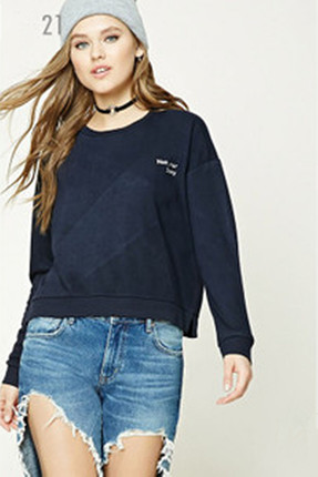 F21正品休闲纯色绣字柔软套头长袖内加绒春秋卫衣女210796