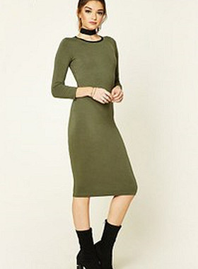 F21系列专柜正品 B-13-7-2-3七分袖修身过膝连衣裙215500